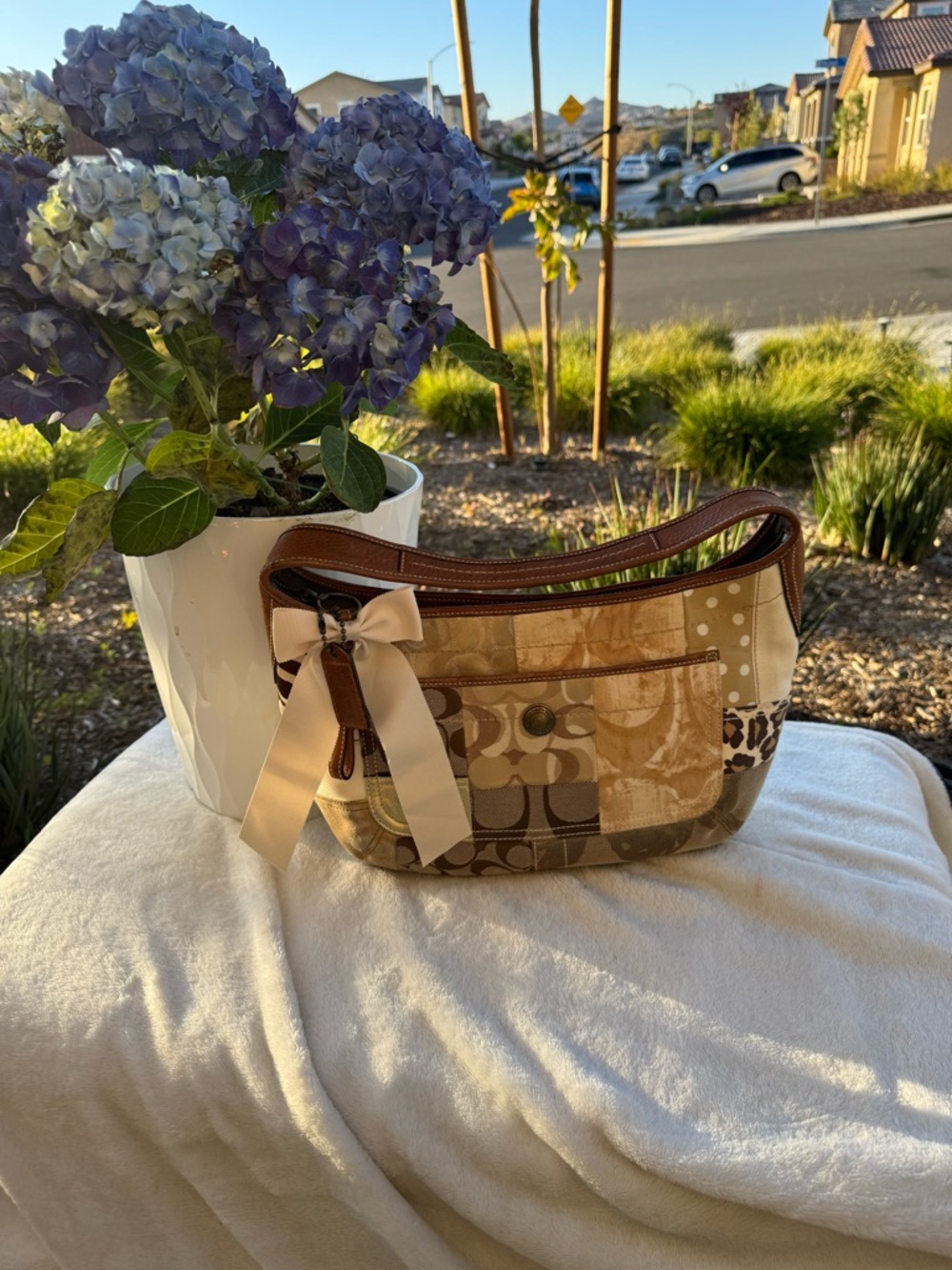 Coach Patchwork Signature Canvas Shoulder Bag in Beige and Brown with Bow Accent